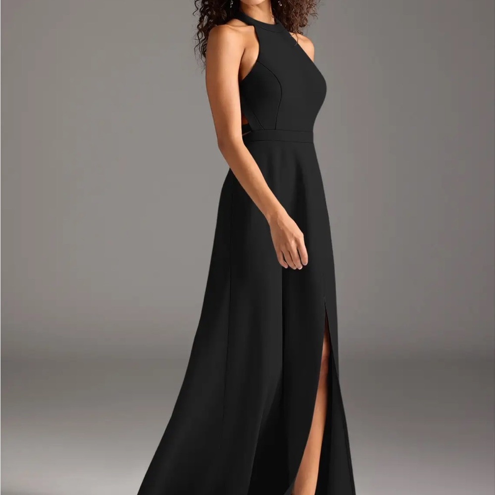Azazie Black Sheath Halter Dress Night Out - Picture 3 of 11